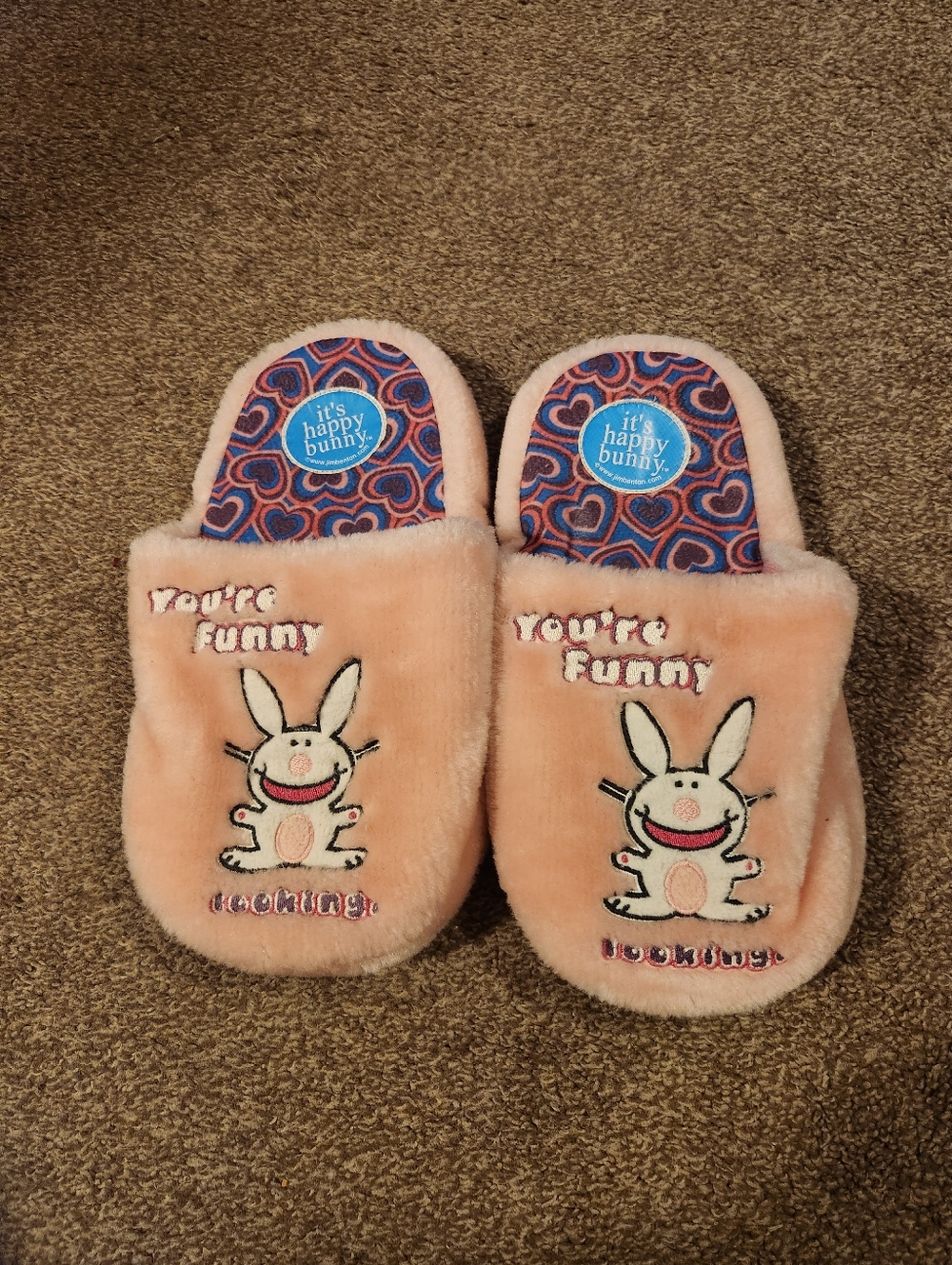 Jim Benton Sassy Y2K It’s Happy Bunny You're Funny Looking Pink Slippers Sz 7-8
